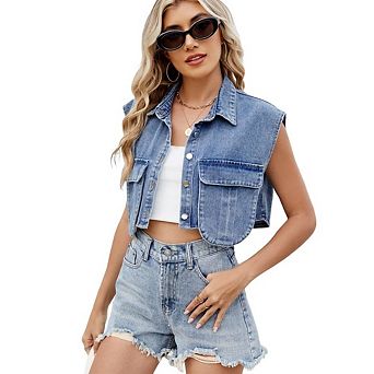 Women's Cropped Sleeveless Denim Top Collared Button Down Design with Pockets Loose Fit