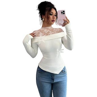 Women's Long Sleeve Lace Top Slim Fit Mesh Sheer Blouse, Perfect for Going Out & Night Looks