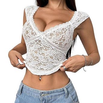 Women's Lace V-Neck Mesh Crop Top Sleeveless Tank Top, Trendy Going Out Shirt