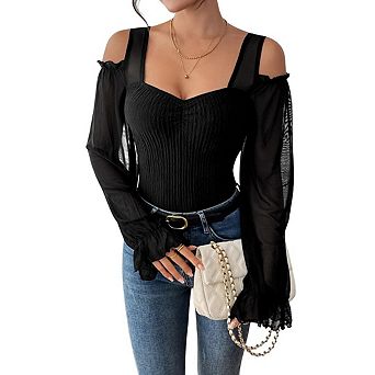 Women's Mesh Off-Shoulder Bodysuit Lantern Long Sleeve, Backless Slim Fit Jumpsuit