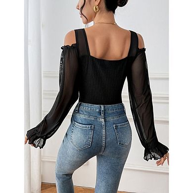 Women's Mesh Off-Shoulder Bodysuit Lantern Long Sleeve, Backless Slim Fit Jumpsuit