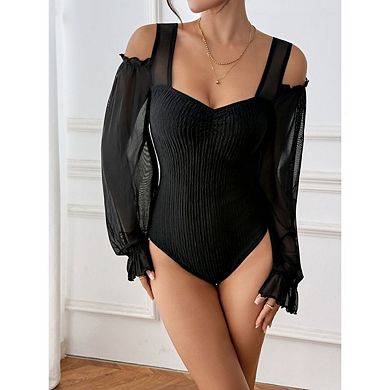 Women's Mesh Off-Shoulder Bodysuit Lantern Long Sleeve, Backless Slim Fit Jumpsuit