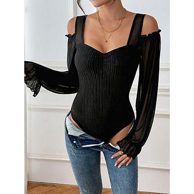 Women's Mesh Off-Shoulder Bodysuit Lantern Long Sleeve, Backless Slim Fit Jumpsuit