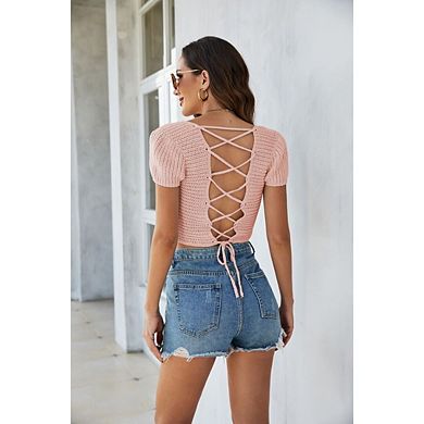 Women's Square Neck Ruched Knit Tee Short Sleeve Basic Top for Going Out