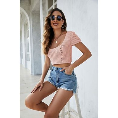 Women's Square Neck Ruched Knit Tee Short Sleeve Basic Top for Going Out