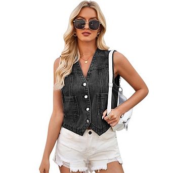 Women's Cropped Denim Vest Sleeveless V-Neck Button Down Jean Waistcoat Top with Pockets