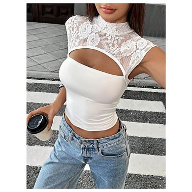 Women's Sheer Mesh Cutout Lace Tank Top Sleeveless Y2K Going Out Crop Top