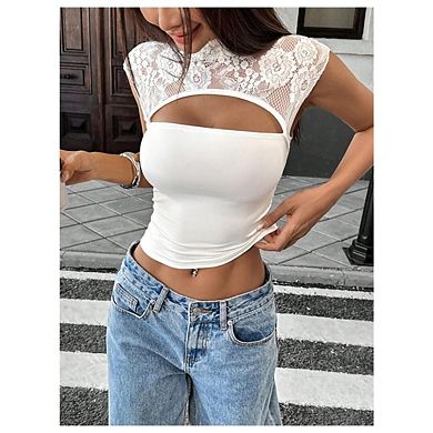 Women's Sheer Mesh Cutout Lace Tank Top Sleeveless Y2K Going Out Crop Top