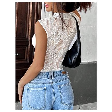 Women's Sheer Mesh Cutout Lace Tank Top Sleeveless Y2K Going Out Crop Top