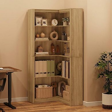 L-Shaped Corner Bookshelf, Space-Saving with Open Storage, Rustic Modern Home Office