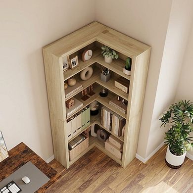 L-Shaped Corner Bookshelf, Space-Saving with Open Storage, Rustic Modern Home Office
