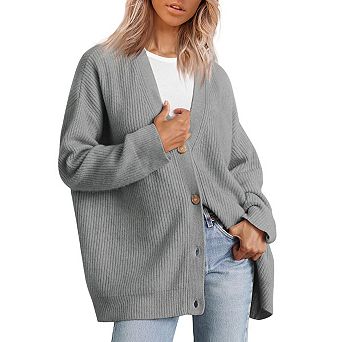 Soft Knit V Neck Cardigan for Women, Oversized Open Front Button Down Fall Sweater