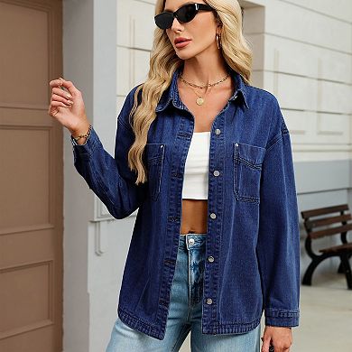 Women's Washed Denim Shirt Jacket Vintage Loose Fit Button-Down Jean Shacket with Pocket
