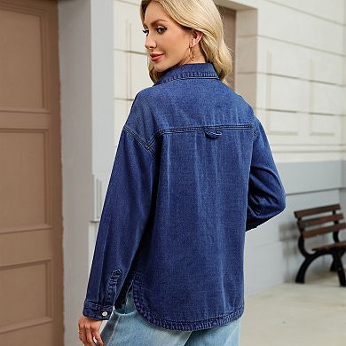 Women's Washed Denim Shirt Jacket Vintage Loose Fit Button-Down Jean Shacket with Pocket