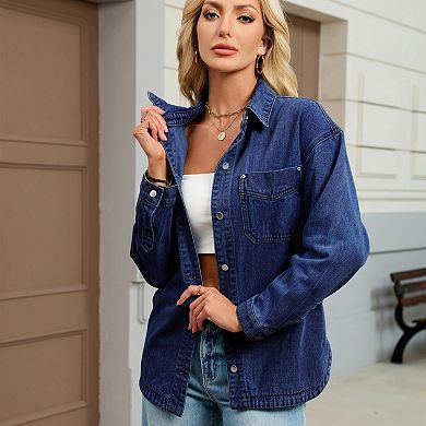 Women's Washed Denim Shirt Jacket Vintage Loose Fit Button-Down Jean Shacket with Pocket