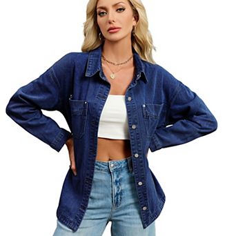 Women's Washed Denim Shirt Jacket Vintage Loose Fit Button-Down Jean Shacket with Pocket
