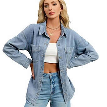 Women's Washed Denim Shirt Jacket Vintage Loose Fit Button-Down Jean Shacket with Pocket