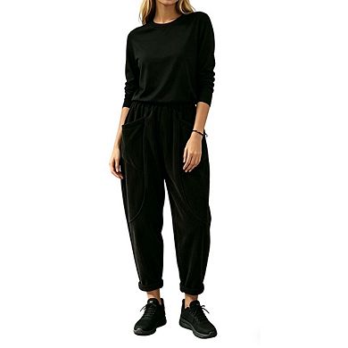Womens Elastic Waist Corduroy Jogger Pants With Rolled Cuff Relaxed Fit Trouser