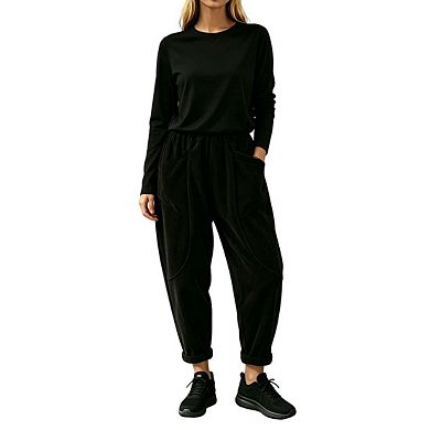 Womens Elastic Waist Corduroy Jogger Pants With Rolled Cuff Relaxed Fit Trouser