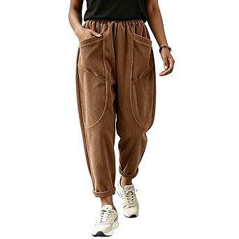 Womens Elastic Waist Corduroy Jogger Pants With Rolled Cuff Relaxed Fit Trouser