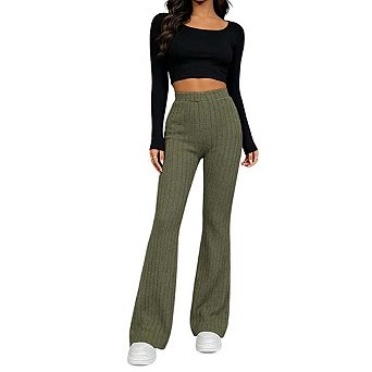 Womens Crew Neck Long Sleeve Crop Top And High Waist Ribbed Knit Pants Two Piece Set