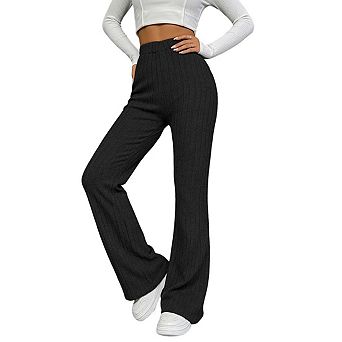 Womens Crew Neck Long Sleeve Crop Top And High Waist Ribbed Knit Pants Two Piece Set