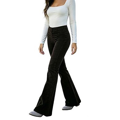 Womens High Waist Corduroy Pants Stretch Casual Bell Cuff Long Pants