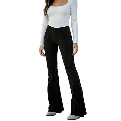 Womens High Waist Corduroy Pants Stretch Casual Bell Cuff Long Pants