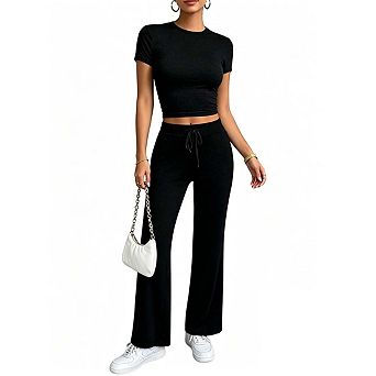 Womens Crew Neck Short Sleeve Crop Top And Drawstring Waist Wide Leg Pants Loungewear Set