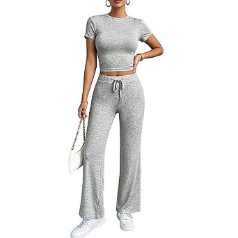 Womens Crew Neck Short Sleeve Crop Top And Drawstring Waist Wide Leg Pants Loungewear Set