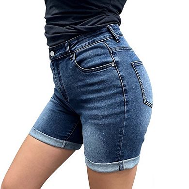 Womens High Rise Denim Shorts Rolled Cuff Casual Shorts With Pockets