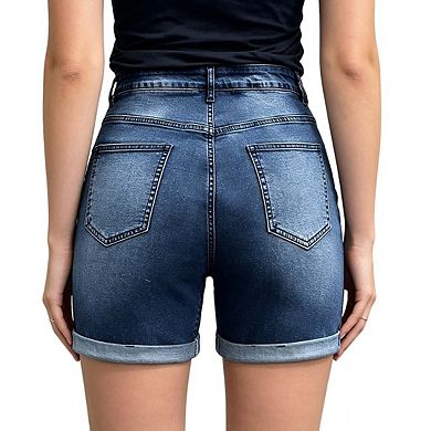 Womens High Rise Denim Shorts Rolled Cuff Casual Shorts With Pockets
