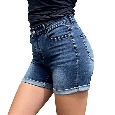Womens High Rise Denim Shorts Rolled Cuff Casual Shorts With Pockets