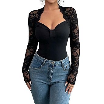 Womens Sweetheart Neck Long Sleeve Lace Sleeve Top Fitting Casual Blouse