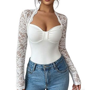 Womens Sweetheart Neck Long Sleeve Lace Sleeve Top Fitting Casual Blouse