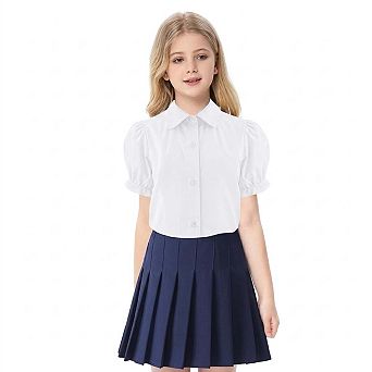 Seoria Girls Short Puff Sleeve Plaid Button Down Shirt with Pleated Skirt Set School Uniform Outfit