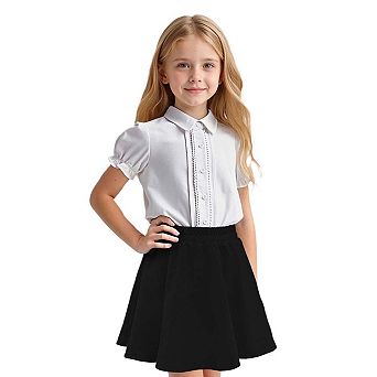 Seoria Girls Short Puff Sleeve Button Down Blouse with Elastic Waist Skirt Set Casual Outfit
