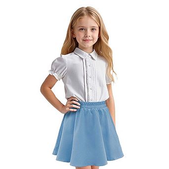 Seoria Girls Short Puff Sleeve Button Down Blouse with Elastic Waist Skirt Set Casual Outfit
