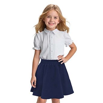 Seoria Girls Short Puff Sleeve Button Down Blouse with Elastic Waist Skirt Set Casual Outfit
