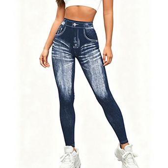 Womens Faux Denim High Waist Yoga Leggings Workout Running Summer Casual Elastic Slim Fit Long Pants