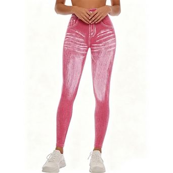 Womens Faux Denim High Waist Yoga Leggings Workout Running Summer Casual Elastic Slim Fit Long Pants