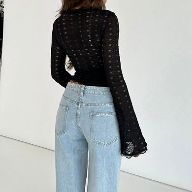 Women's Y2K Long Sleeve Lace Mesh Wrap V Neck Self Tie Sheer Crop Tops