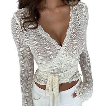 Women's Y2K Long Sleeve Lace Mesh Wrap V Neck Self Tie Sheer Crop Tops