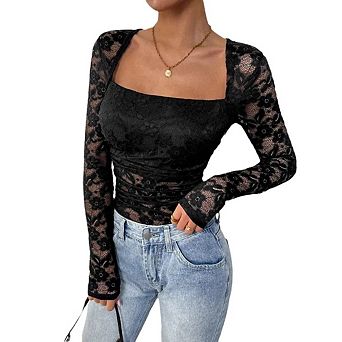 Women's Lace Sheer Mesh Ruched Square Neck Long Sleeve Slim Fit T Shirt