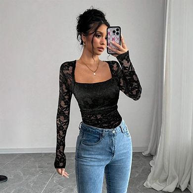 Women's Lace Sheer Mesh Ruched Square Neck Long Sleeve Slim Fit T Shirt