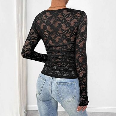 Women's Lace Sheer Mesh Ruched Square Neck Long Sleeve Slim Fit T Shirt