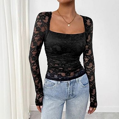 Women's Lace Sheer Mesh Ruched Square Neck Long Sleeve Slim Fit T Shirt