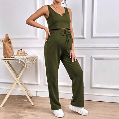 Women's Maternity 2 Piece Lounge Sets Butter Soft Tank Top & High Waisted Wide Leg Pants