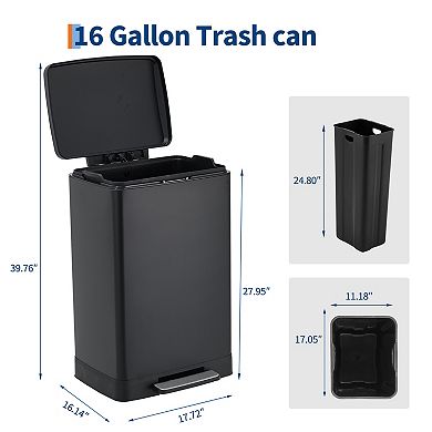 16 Gallon Fingerprint-Proof Stainless Steel Kitchen Trash Can with Soft Close Lid & Removable Bucket