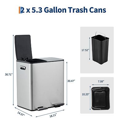 (2*20L) Dual Compartment Stainless Steel Trash Can with Soft Close Lid, Pedal & Removable Bucket